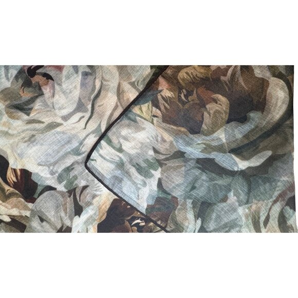 2/$30 Retro Commute Leaves Daisy Floral Olive Coffee Cream Polyester Silk Scarf - Picture 5 of 8